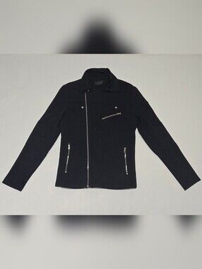 Zara Navy Blue Moto/Biker-Style Jacket with Silver Zip Quilted Sleeve M